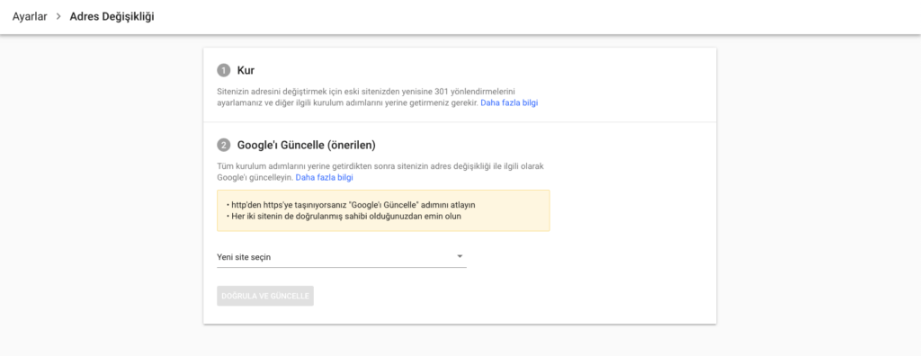 google search console adres değişikliği